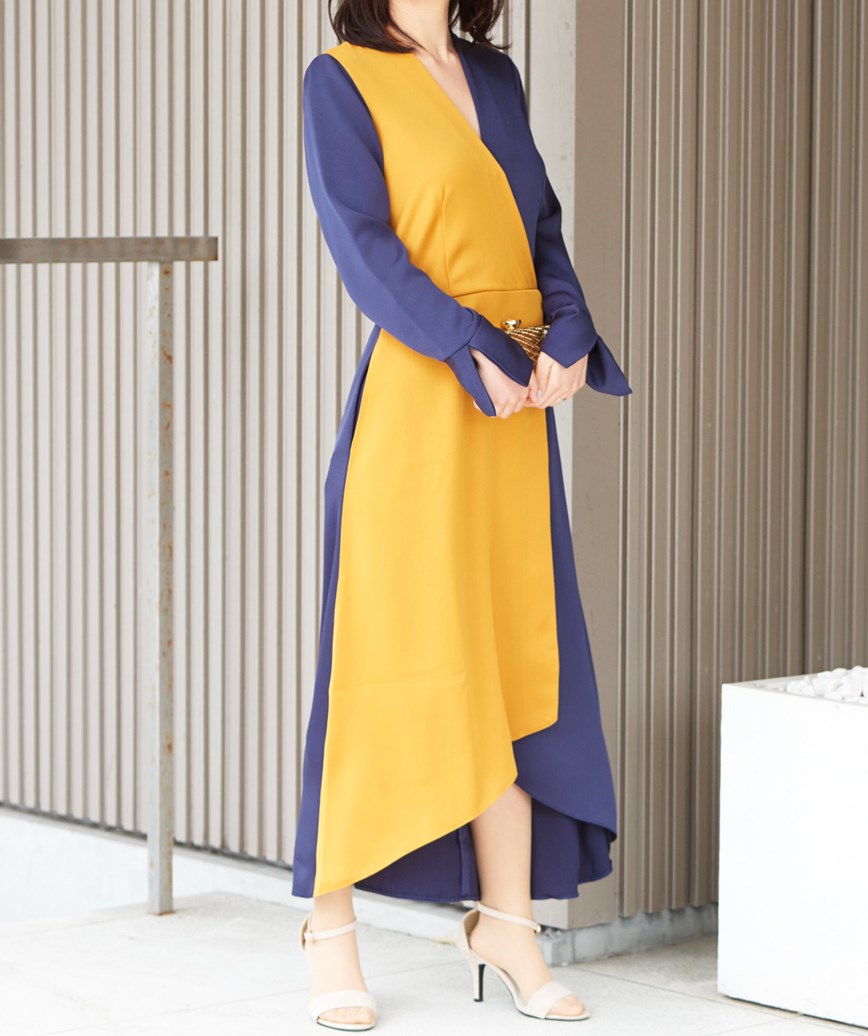 ロングスリーブvネックミディアムドレス マスタード ネイビー S M