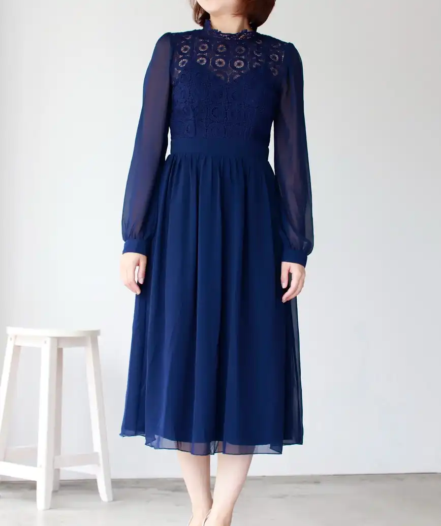 ハイネックチュールレースAラインドレス-ネイビー-Mサイズ