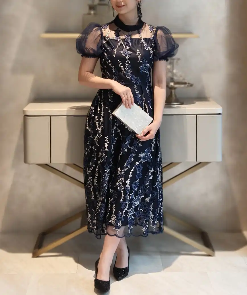 パフスリーブフラワーレースドレス-ネイビー-Sサイズ