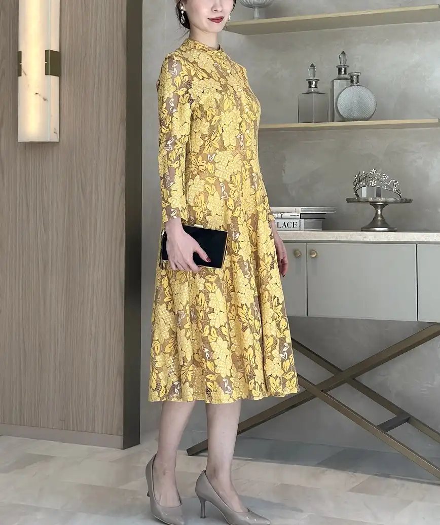 ハイネックフルスリーブボタンダウンドレス-イエロー-Lサイズ