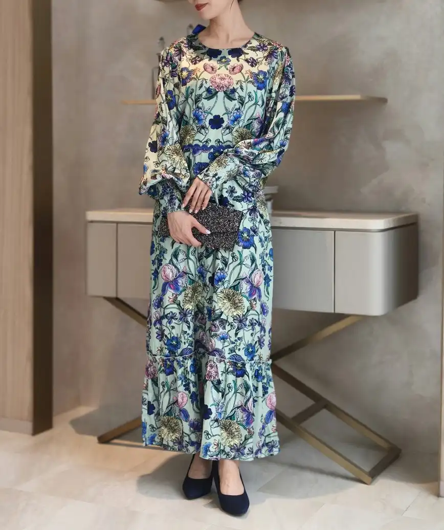 BAUM UND PFERDGARTEN フローラルプリント ロングドレス フローラルバックリボンロングドレス-ブルー-Lサイズ