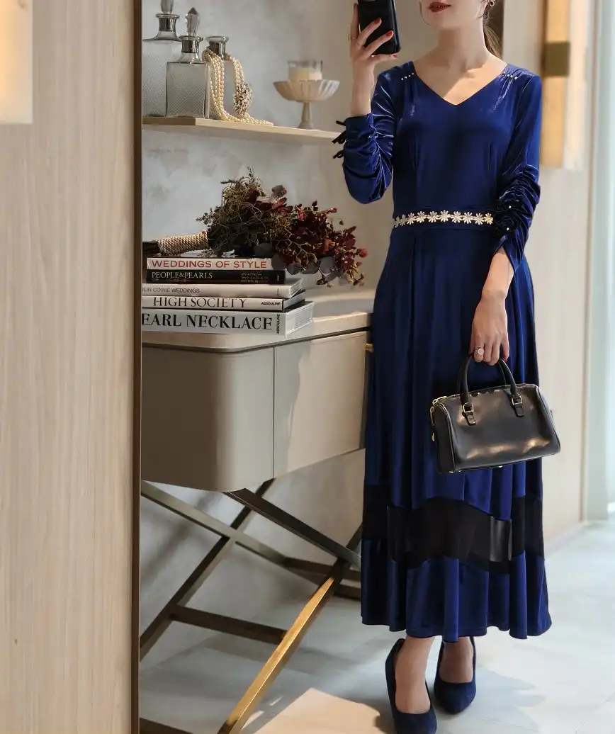 OGベロアフラワーベルトドレス-ネイビー-Lサイズ