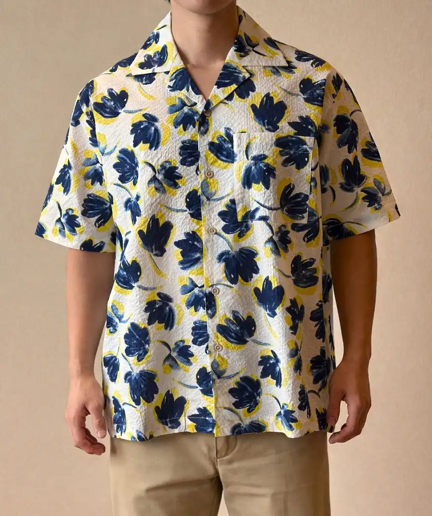 OGかりゆしフラワーデザインシャツ-ネイビー-S