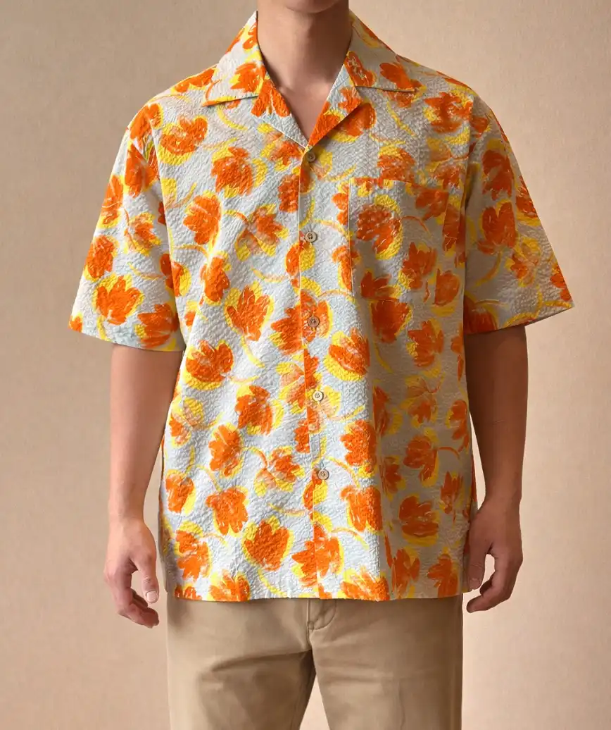 OGかりゆしフラワーデザインシャツ-オレンジ-M