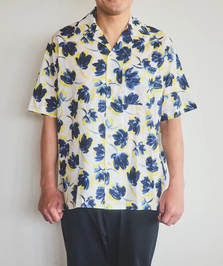 OGかりゆしフラワーデザインシャツ-ネイビー-L-XL
