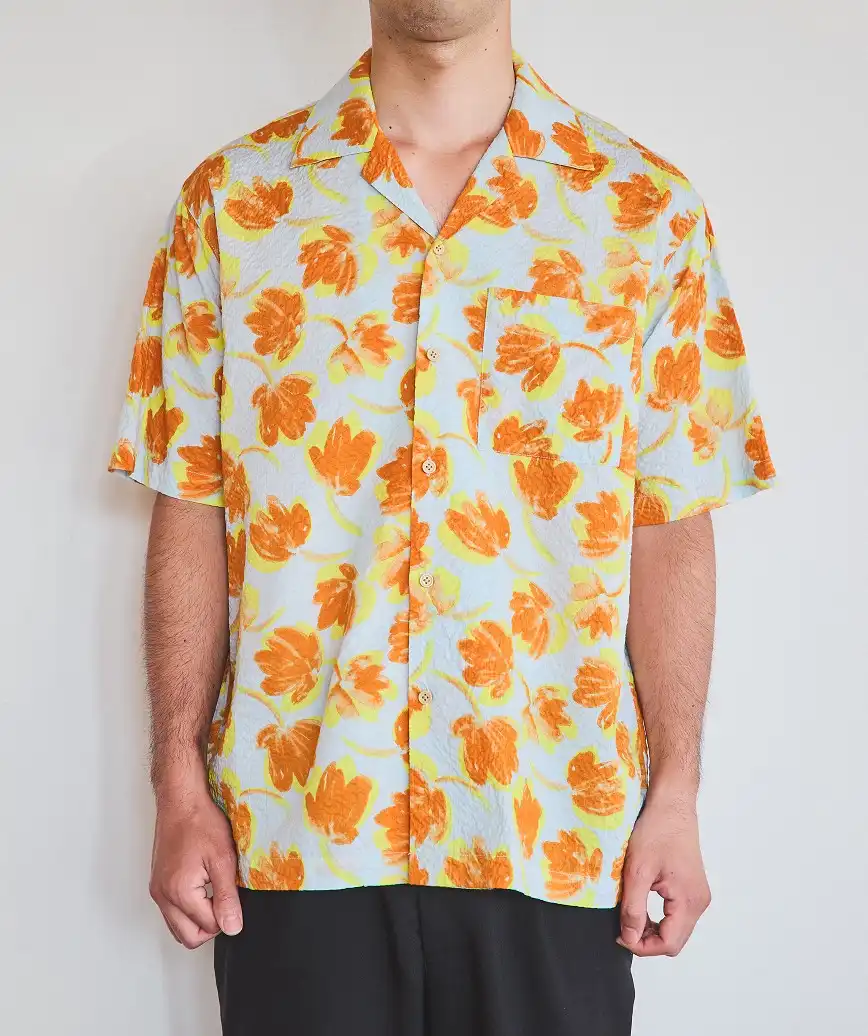 OGかりゆしフラワーデザインシャツ-オレンジ-L-XL