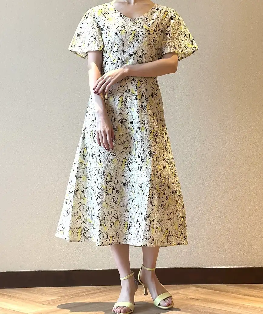 OGかりゆしナチュラルデザインワンピース-イエロー-L