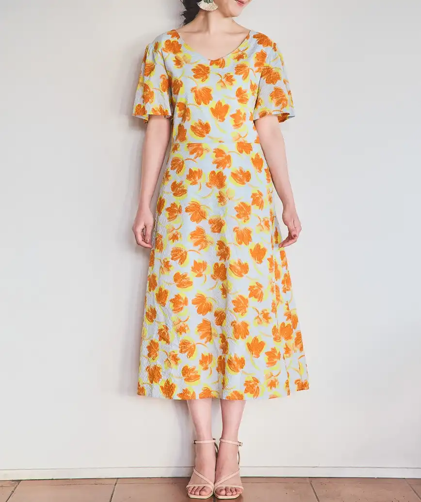 OGかりゆしフラワーデザインワンピース-オレンジ-M-L