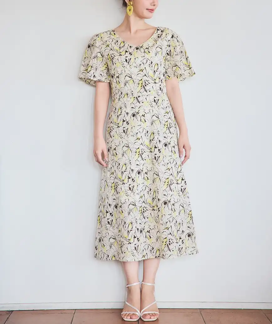 OGかりゆしナチュラルデザインワンピース-イエロー-M-L
