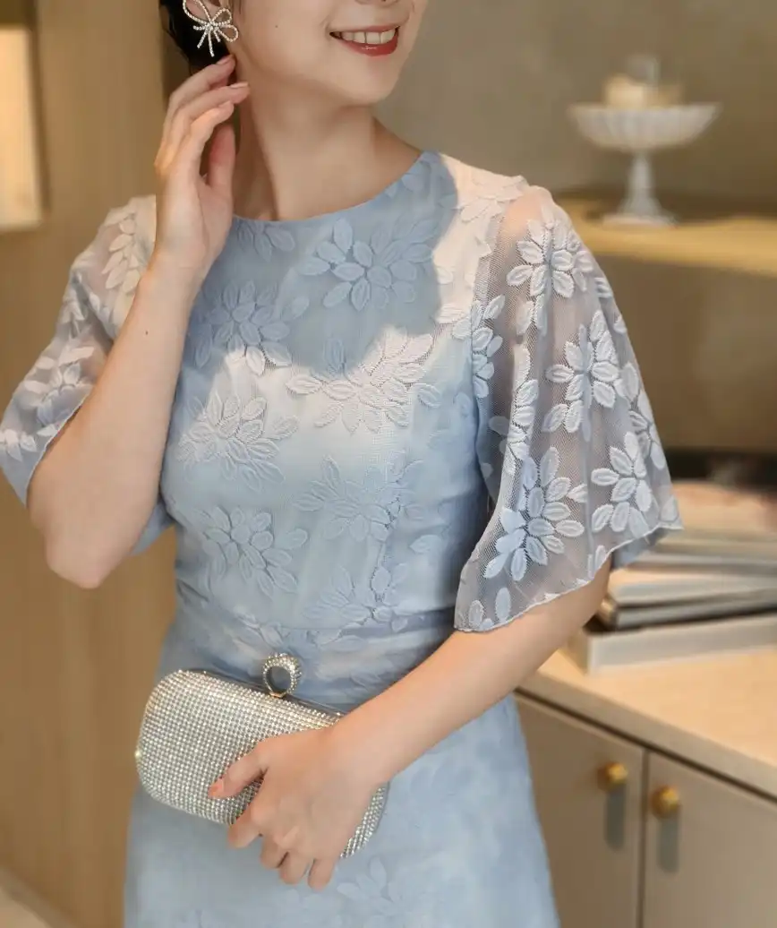 OGクルーネックフレアスリーブAラインドレス-ライトブルー-Sサイズ