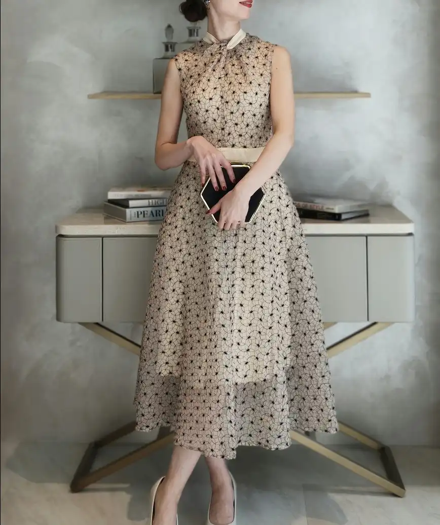 アシンメトリーフルスリーブミディアムドレス-ブラック-M