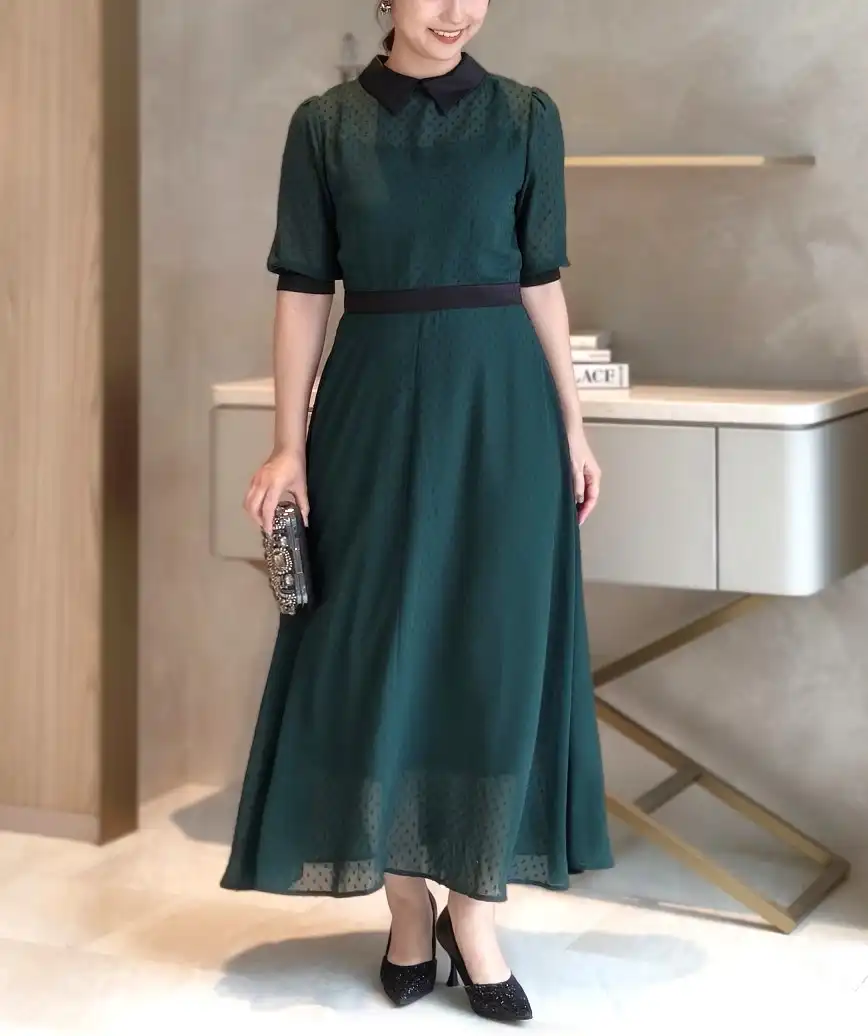 OGバイカラードットロングドレス-グリーンｰXLサイズ