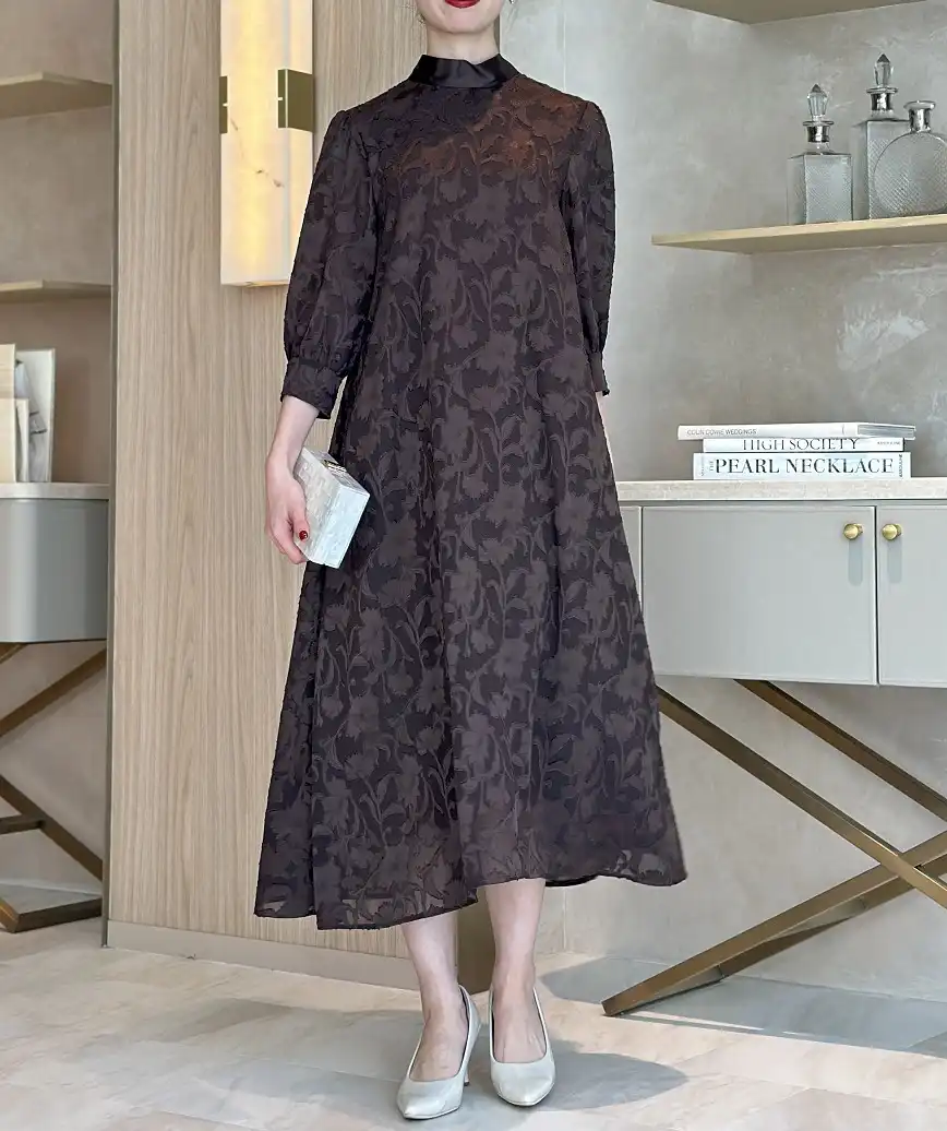 OGボタニカルジャガードスタンドネックドレス-ブラウン-Fサイズ