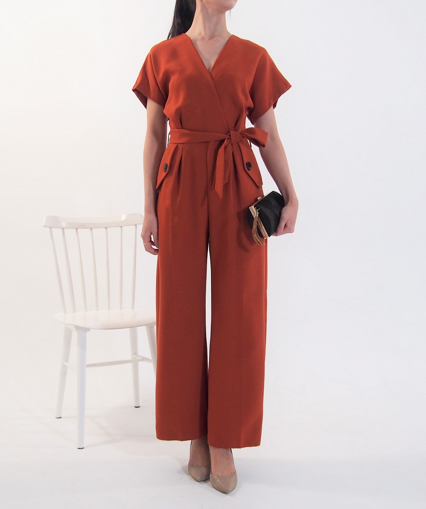 Vネックカシュクールワイドパンツドレス Vネックカシュクールワイドパンツドレス