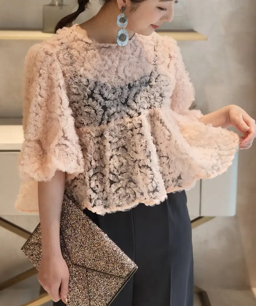 ペタルケープパンツドレス-ピンク×チャコール-Sサイズ