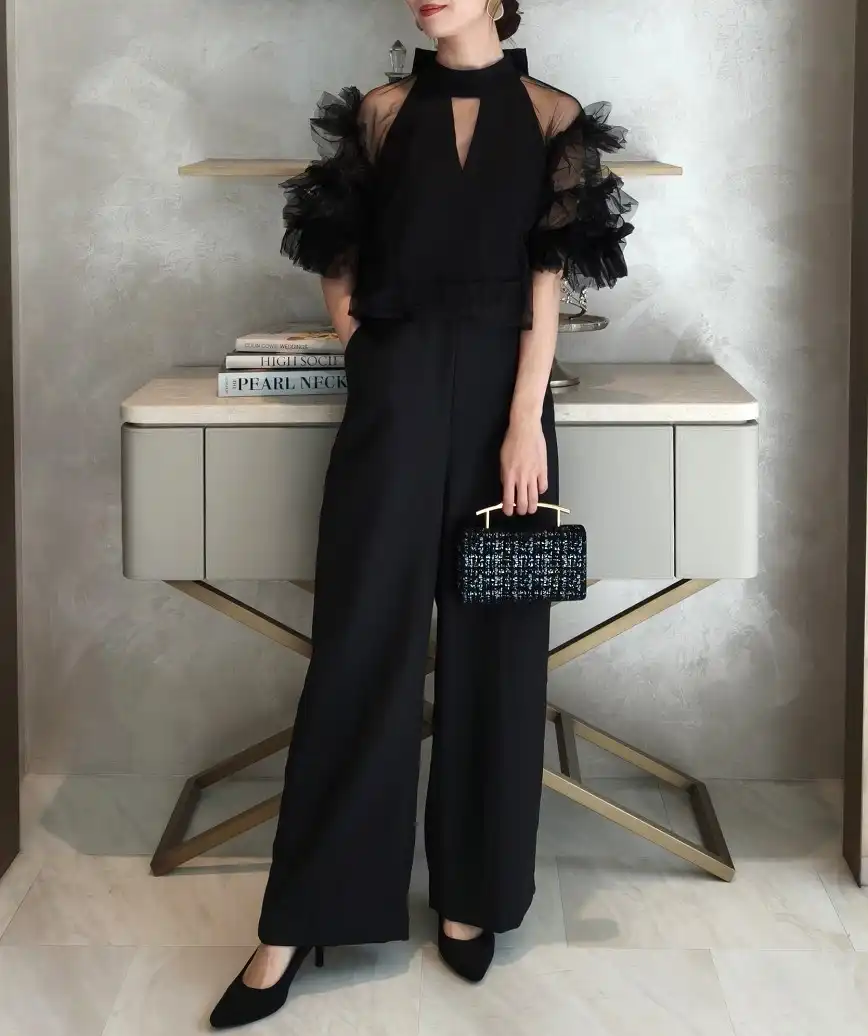 オープンバックリボンパンツドレス-ブラック-Mサイズ