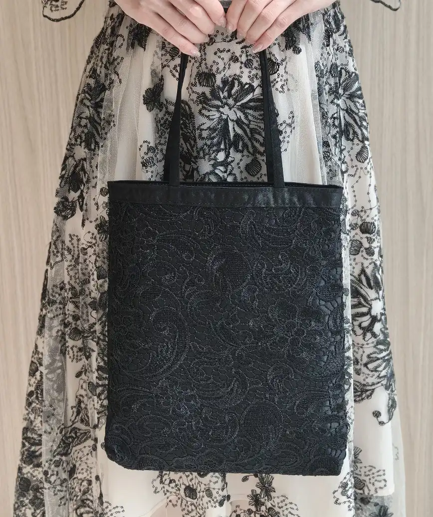 Floral Lace Tote Bag-Black-