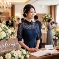 結婚式の受付に立つネイビードレスの女性