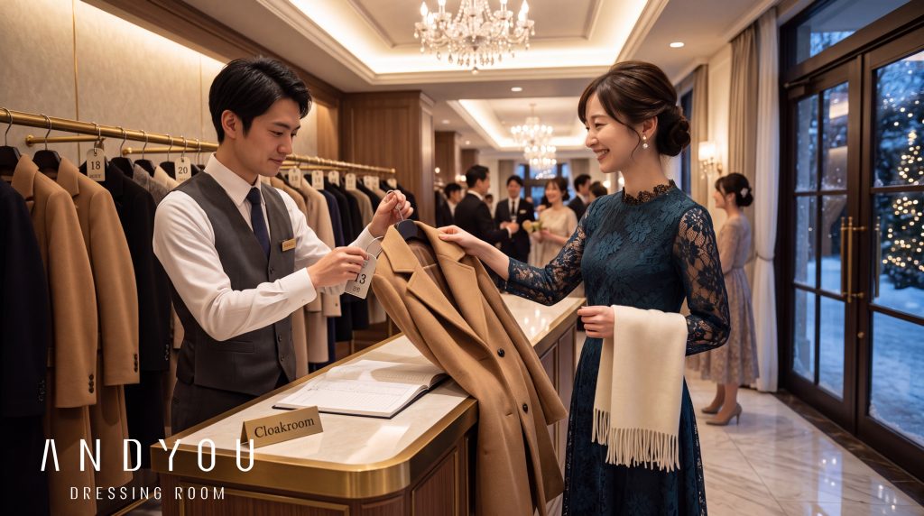 冬の結婚式会場でクロークにコートを預ける、レースドレスの女性