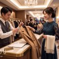 冬の結婚式会場でクロークにコートを預ける、レースドレスの女性