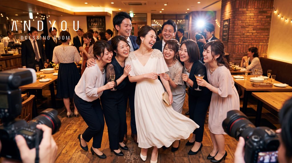 結婚式二次会で友人に囲まれて笑う、白いドレスの花嫁