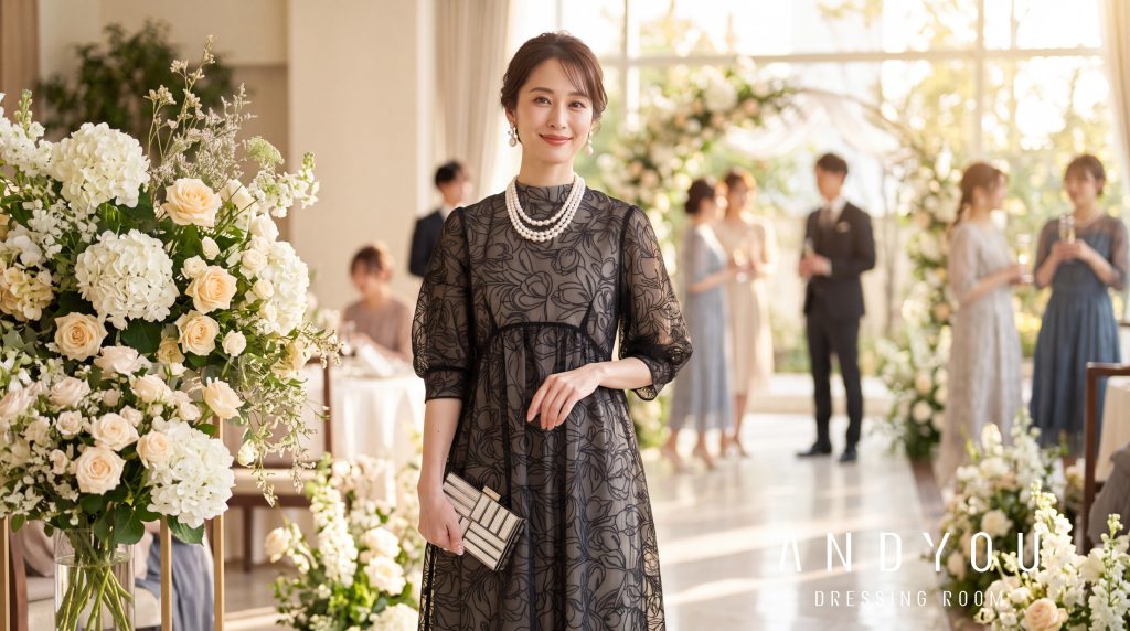結婚式会場でパールを合わせた黒のレースドレスを着た女性