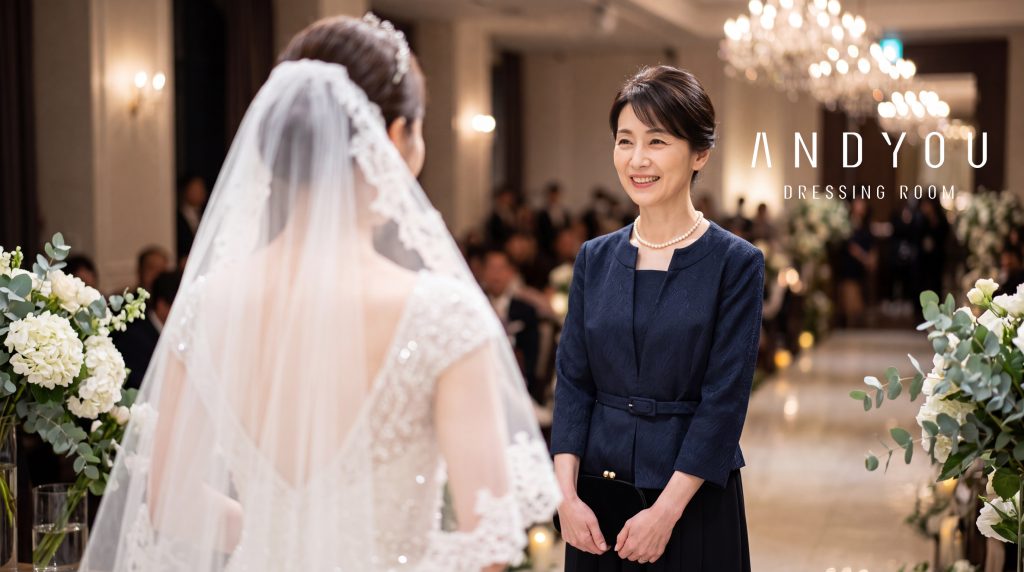 結婚式で花嫁を見つめる、ネイビーのフォーマルスーツを着た母親